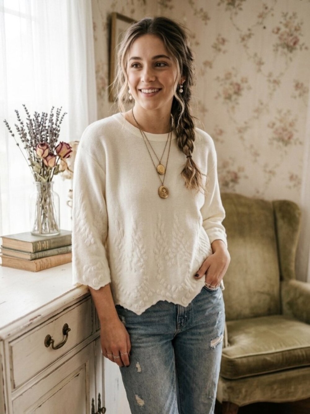 J.O.A. Scalloped Floral Textured Knit Sweater Ivory Cream Small